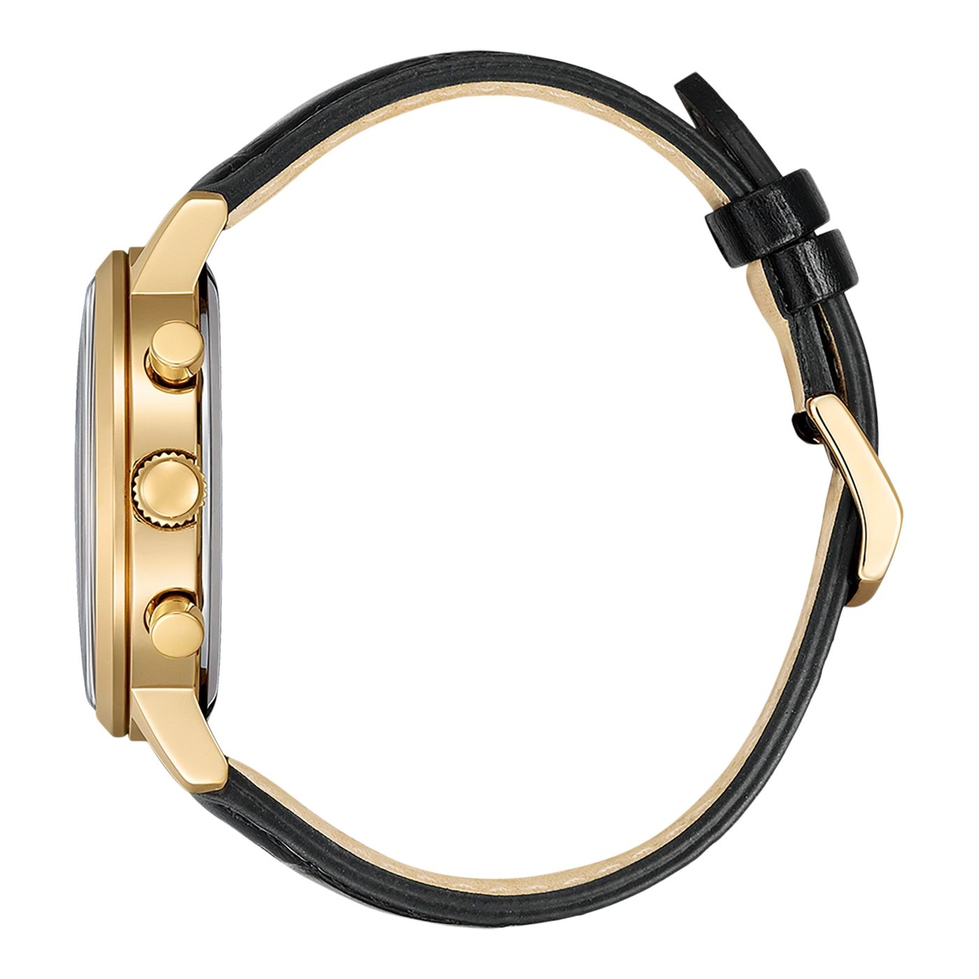 Gouden horloge met zwarte leren band, zijaanzicht, elegant ontwerp