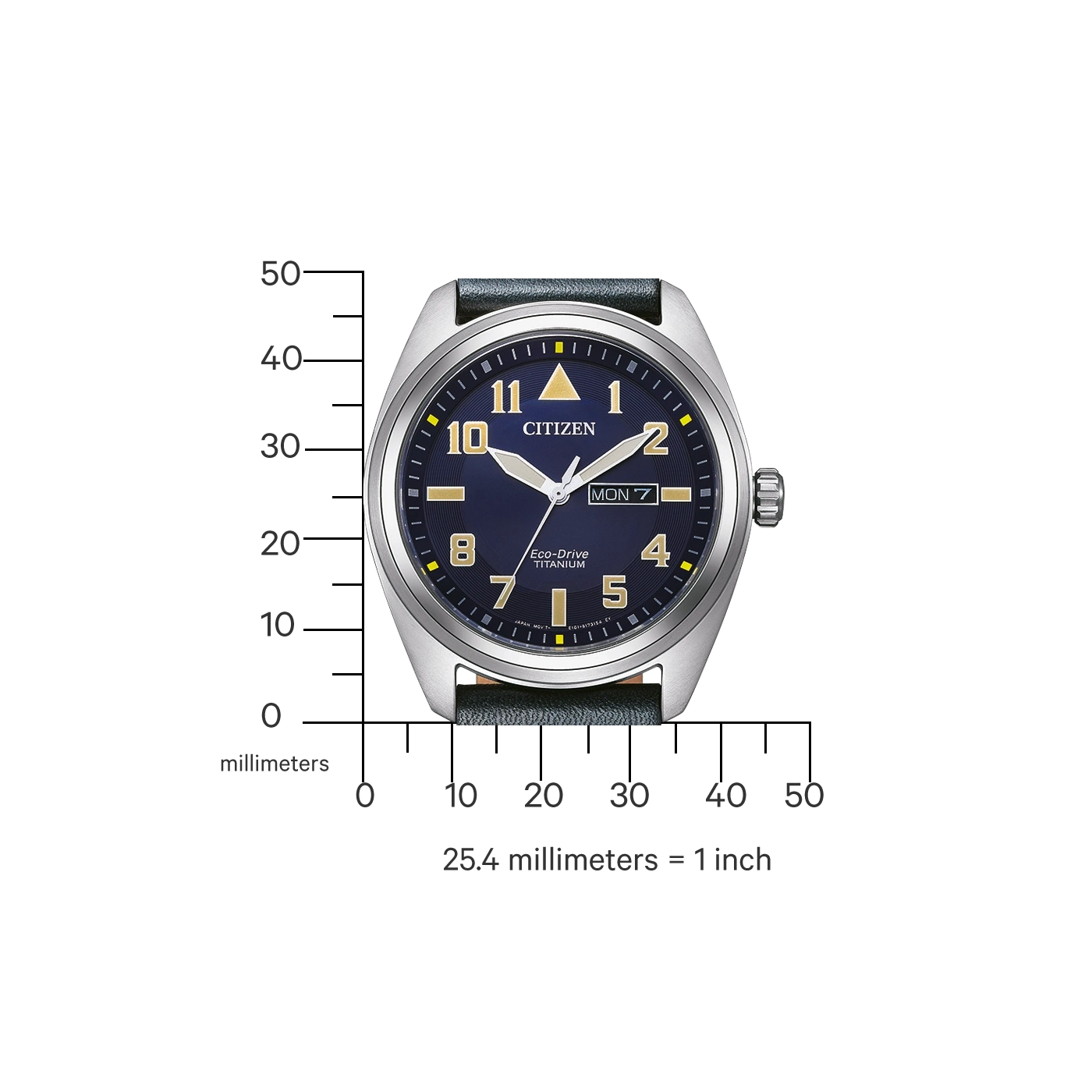 Citizen horloge met blauwe wijzerplaat, titanium, Eco-Drive en dagweergave.