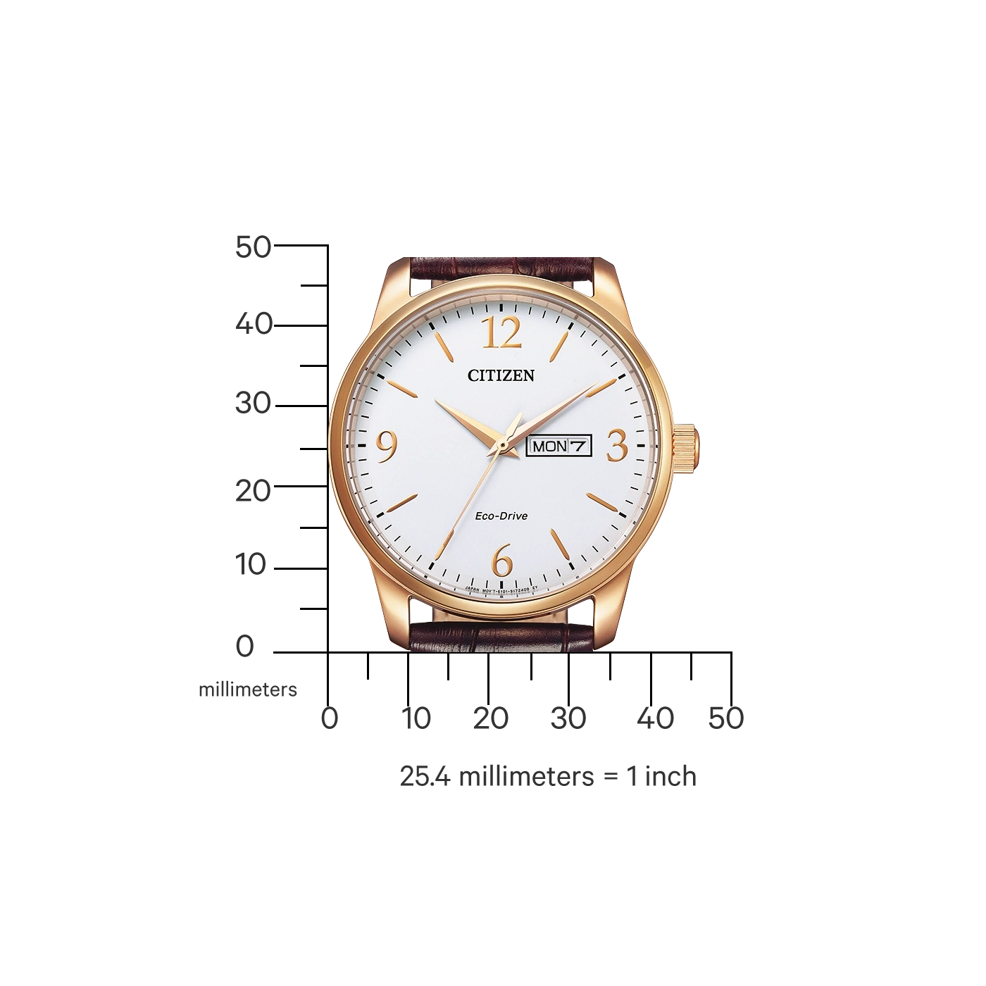 Citizen horloge met gouden kast, witte wijzerplaat en bruine leren band. Eco-Drive.