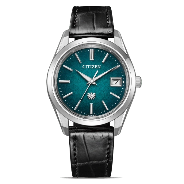Citizen horloge met een teal wijzerplaat en zwarte leren band.