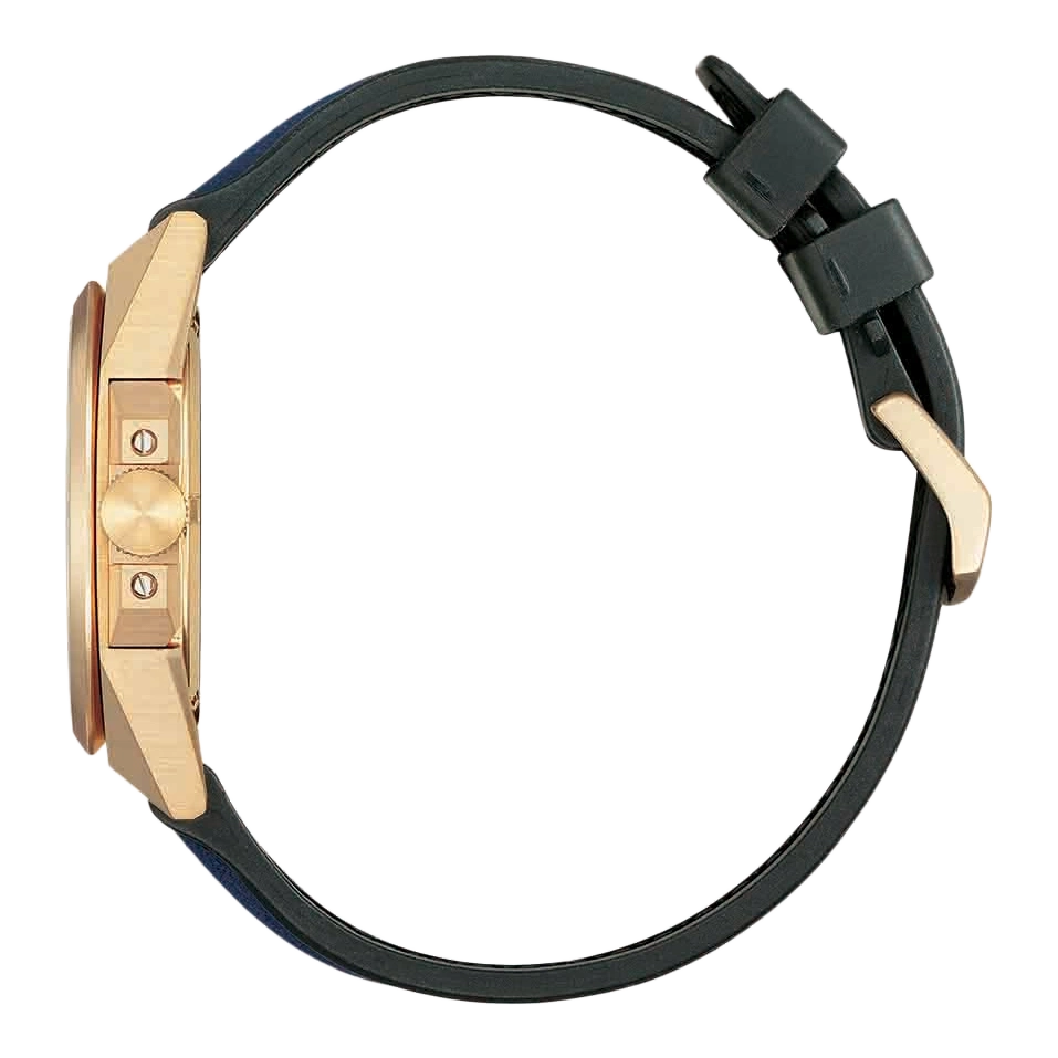 Gouden horloge met zwarte band, zijaanzicht, elegant design, luxe accessoire