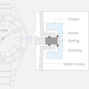 Horloge met kroon, schroef, veer, pakking en horlogekast componenten.