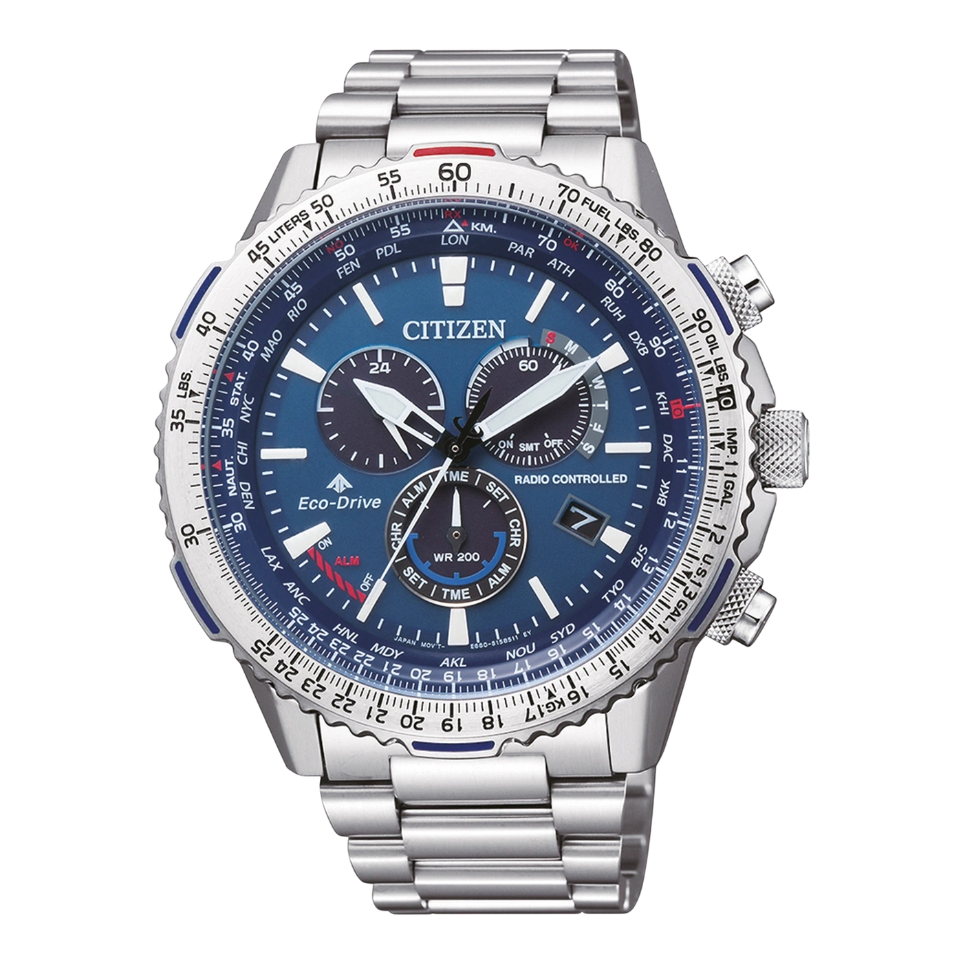 Citizen horloge met blauwe wijzerplaat, chronograaf en roestvrijstalen band, Eco-Drive, radiogestuurd.