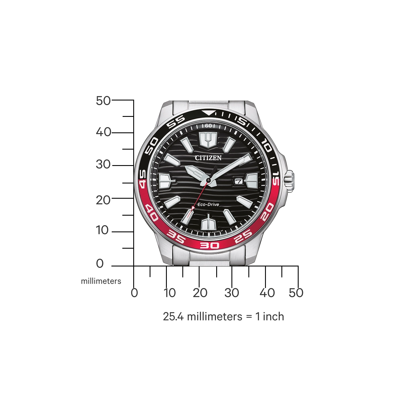 Citizen horloge met zwarte en rode details, toont tijd en Eco-Drive technologie.
