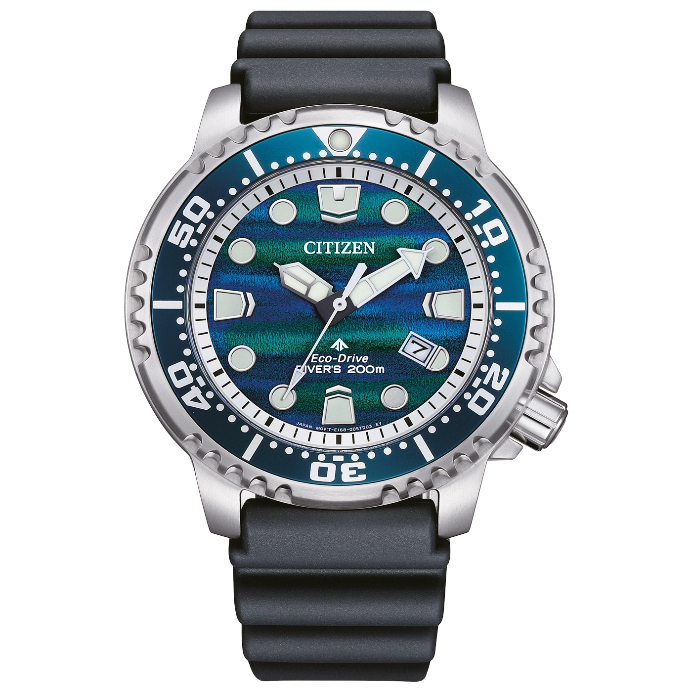 Een Citizen Eco-Drive duikhorloge met een blauwgroen textuur wijzerplaat en zwart bandje.