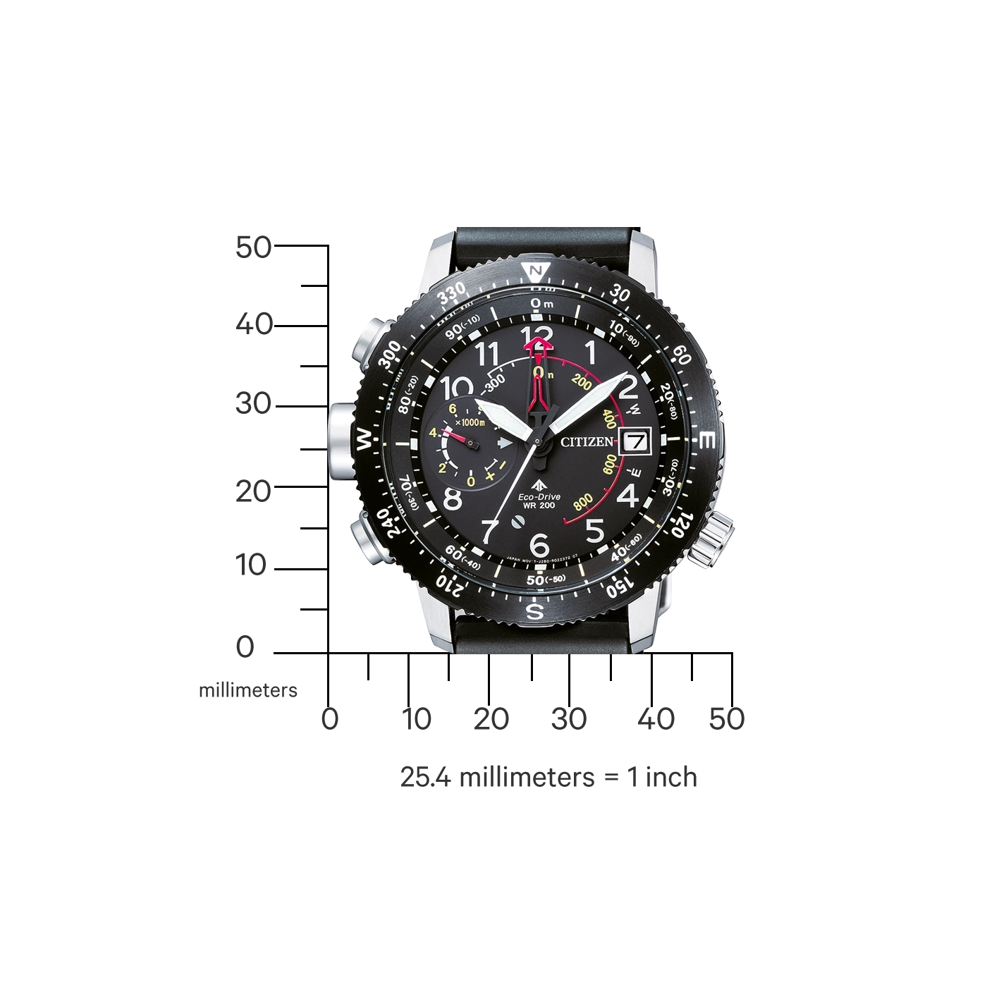 Citizen horloge met zwarte wijzerplaat, cijfers en wijzers, met zwarte band.