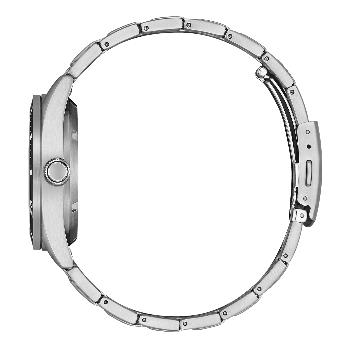 Zijaanzicht van een zilveren horloge met metalen band.