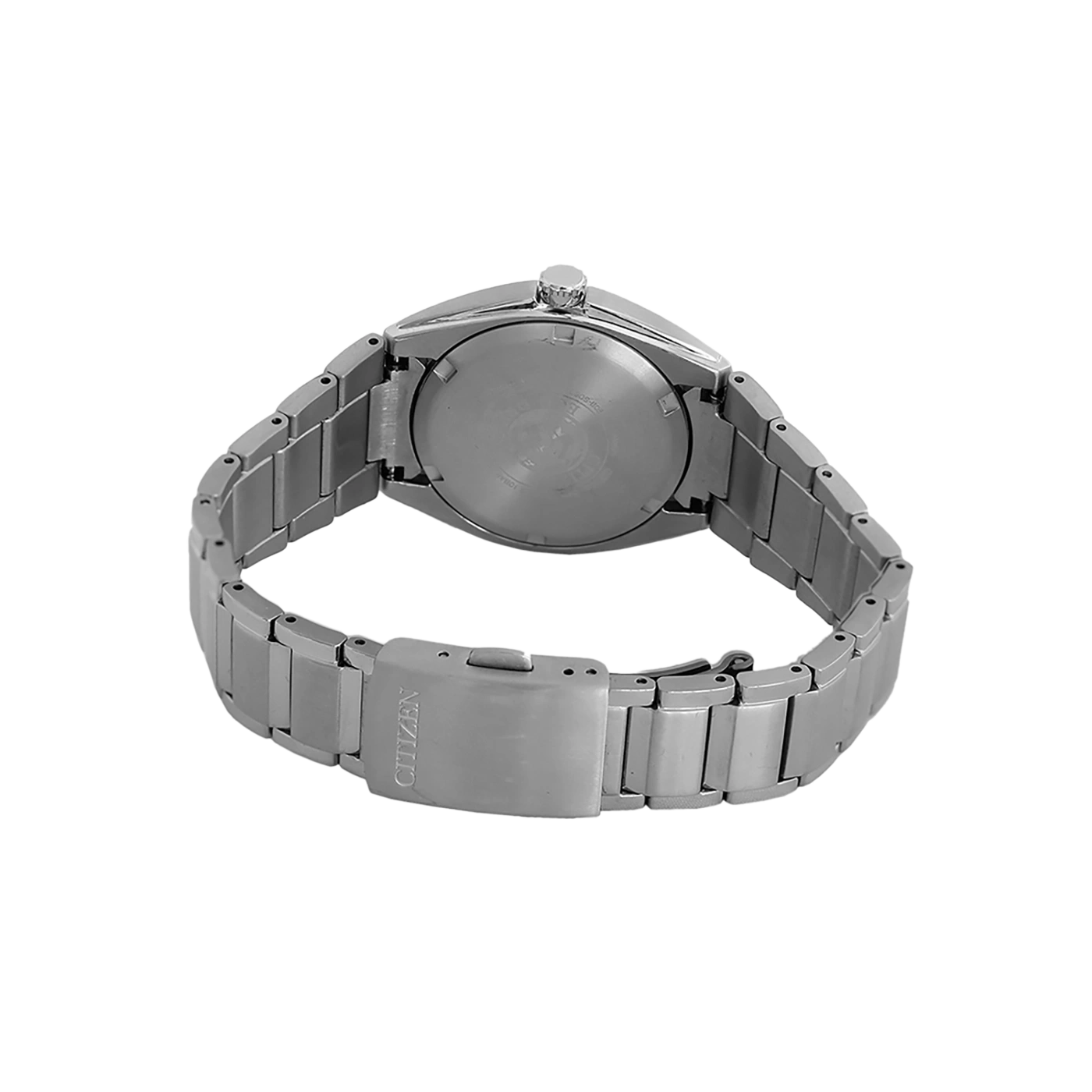 Citizen horloge achterkant, roestvrijstalen band, sluiting, zilver, detail