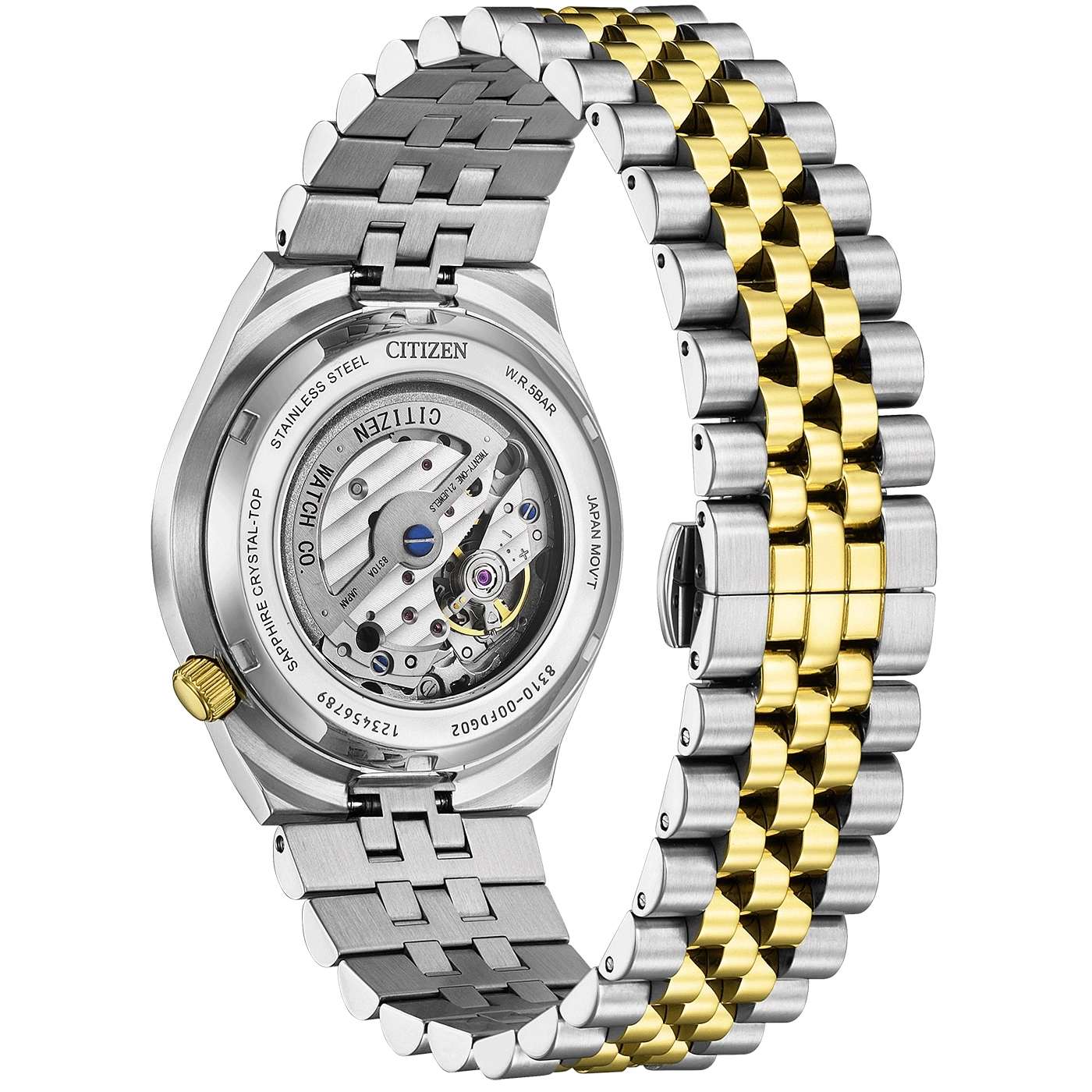 Citizen horloge met een zilveren en gouden band, die het mechanisme van het horloge toont.