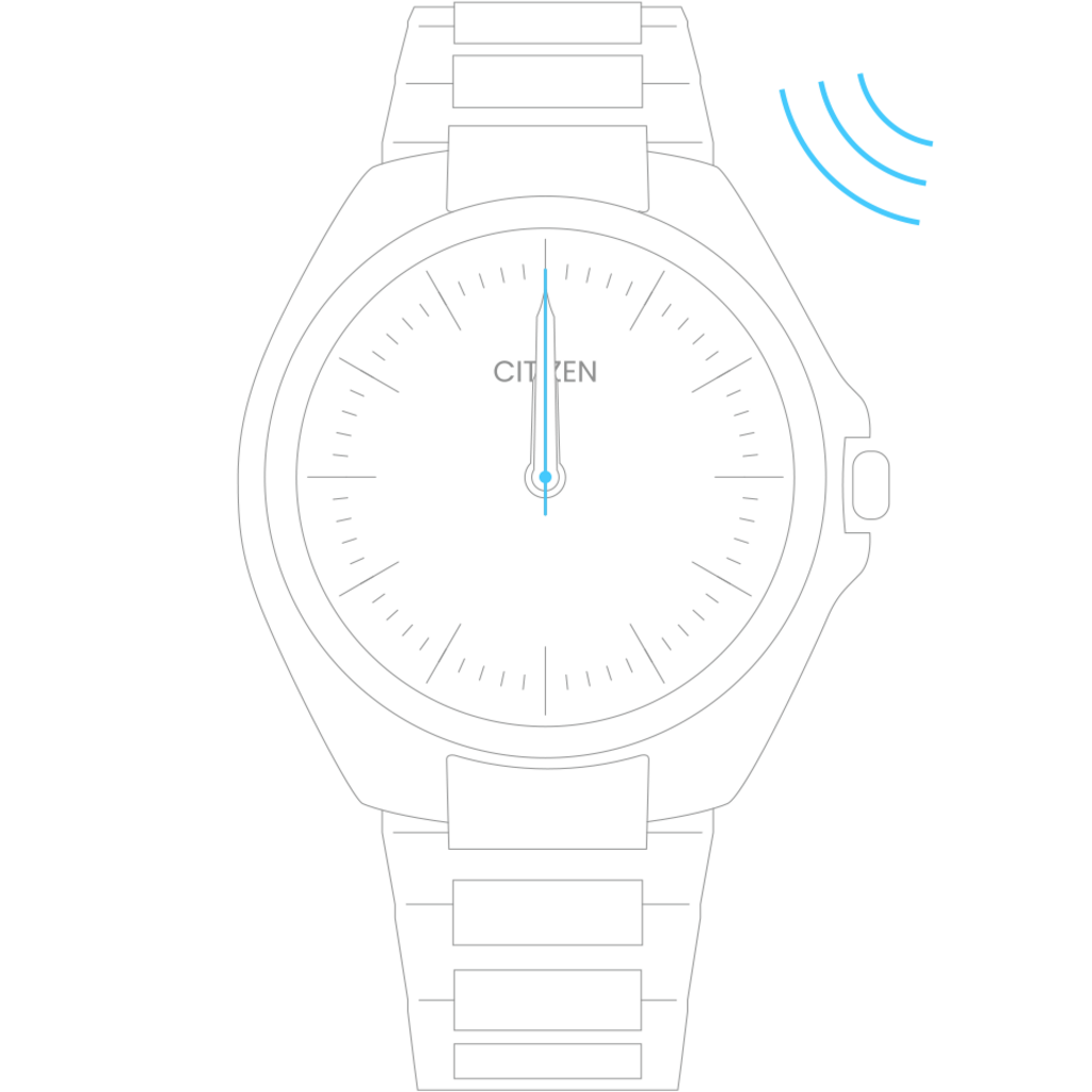 Citizen horloge met zwarte wijzerplaat en blauwe wijzers, die de tijd aangeven.