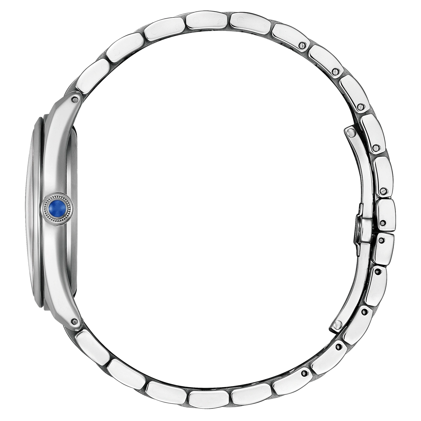 Zijaanzicht van een zilveren horloge met een blauwe edelsteen en metalen band.