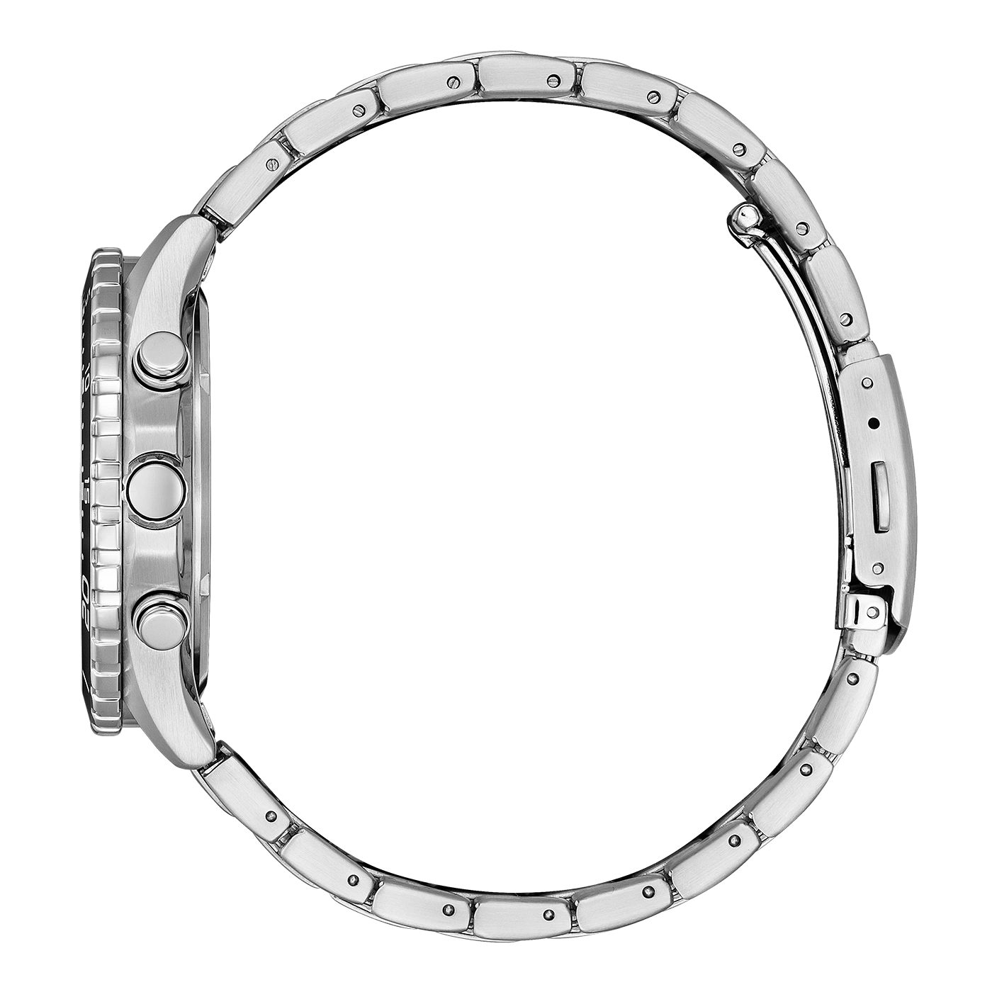 Zilveren horloge met metalen band, zijaanzicht, geïsoleerd op witte achtergrond.