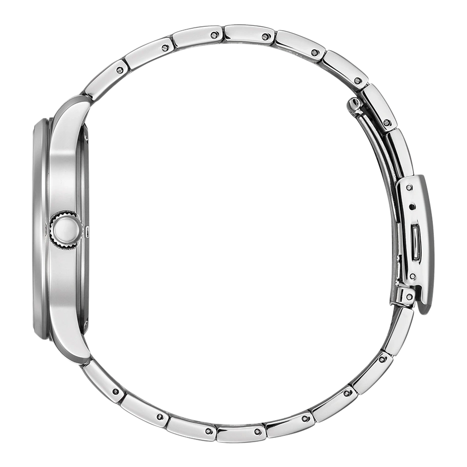 Zilveren horloge met ronde wijzerplaat en metalen band, zijaanzicht.