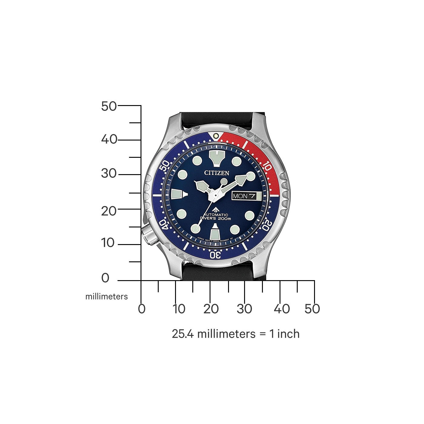Citizen horloge met blauw-rode bezel, zwarte band en dagweergave.