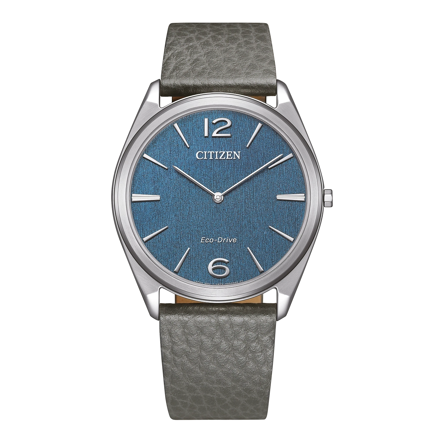Een Citizen Eco-Drive horloge met blauwe wijzerplaat en grijze leren band.