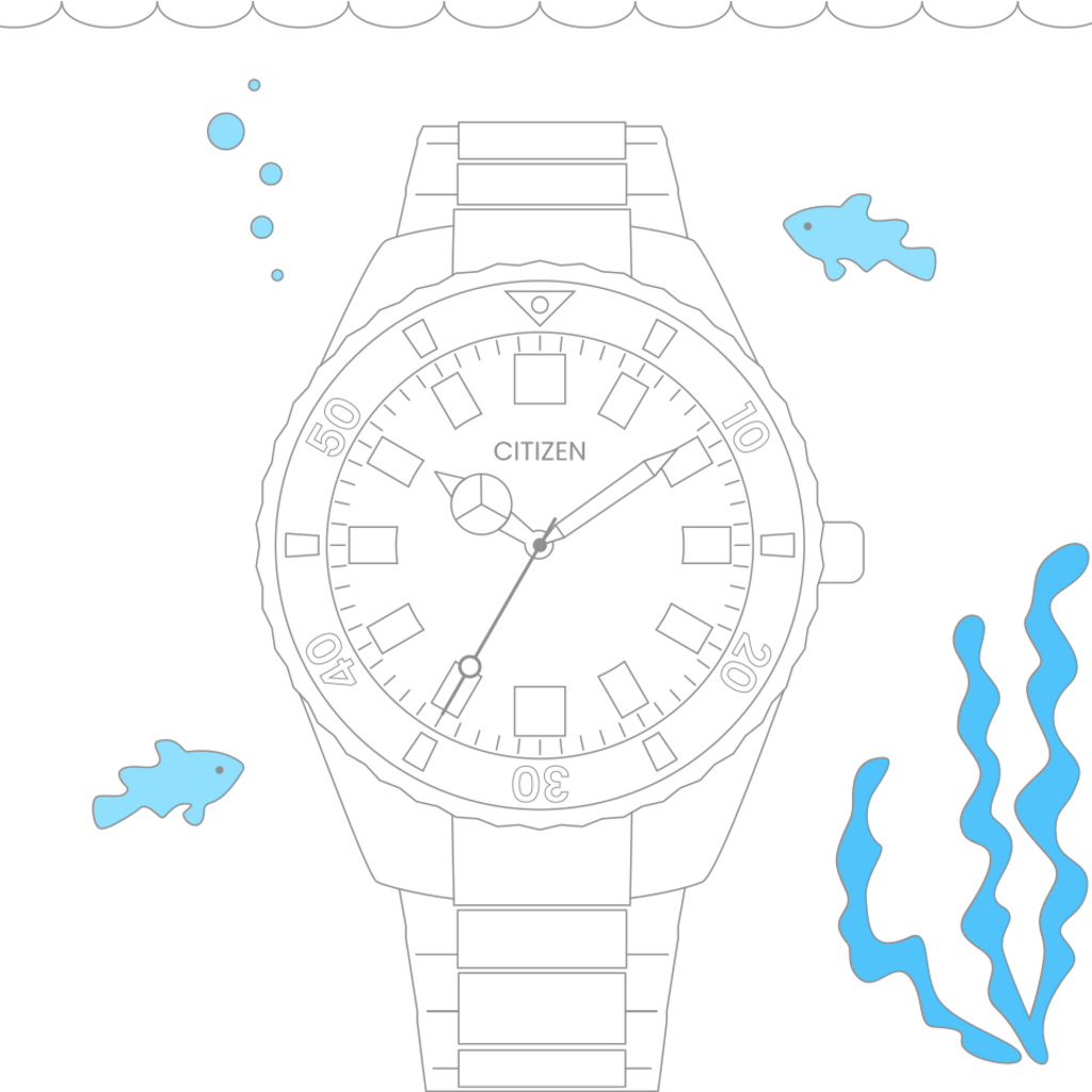 Citizen horloge onder water met vissen en zeewier, zwarte achtergrond