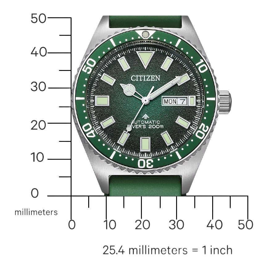 Citizen horloge met groene wijzerplaat en band, roestvrijstalen kast, automatisch uurwerk.