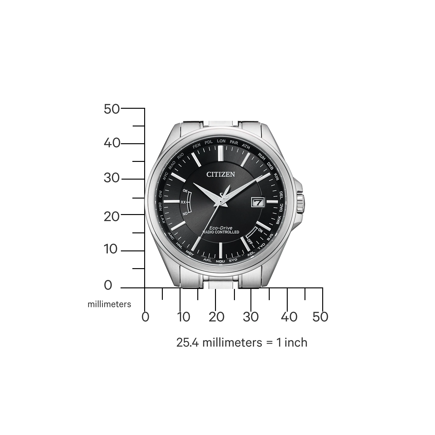 Citizen horloge met zwarte wijzerplaat, tijdzones en Eco-Drive technologie.