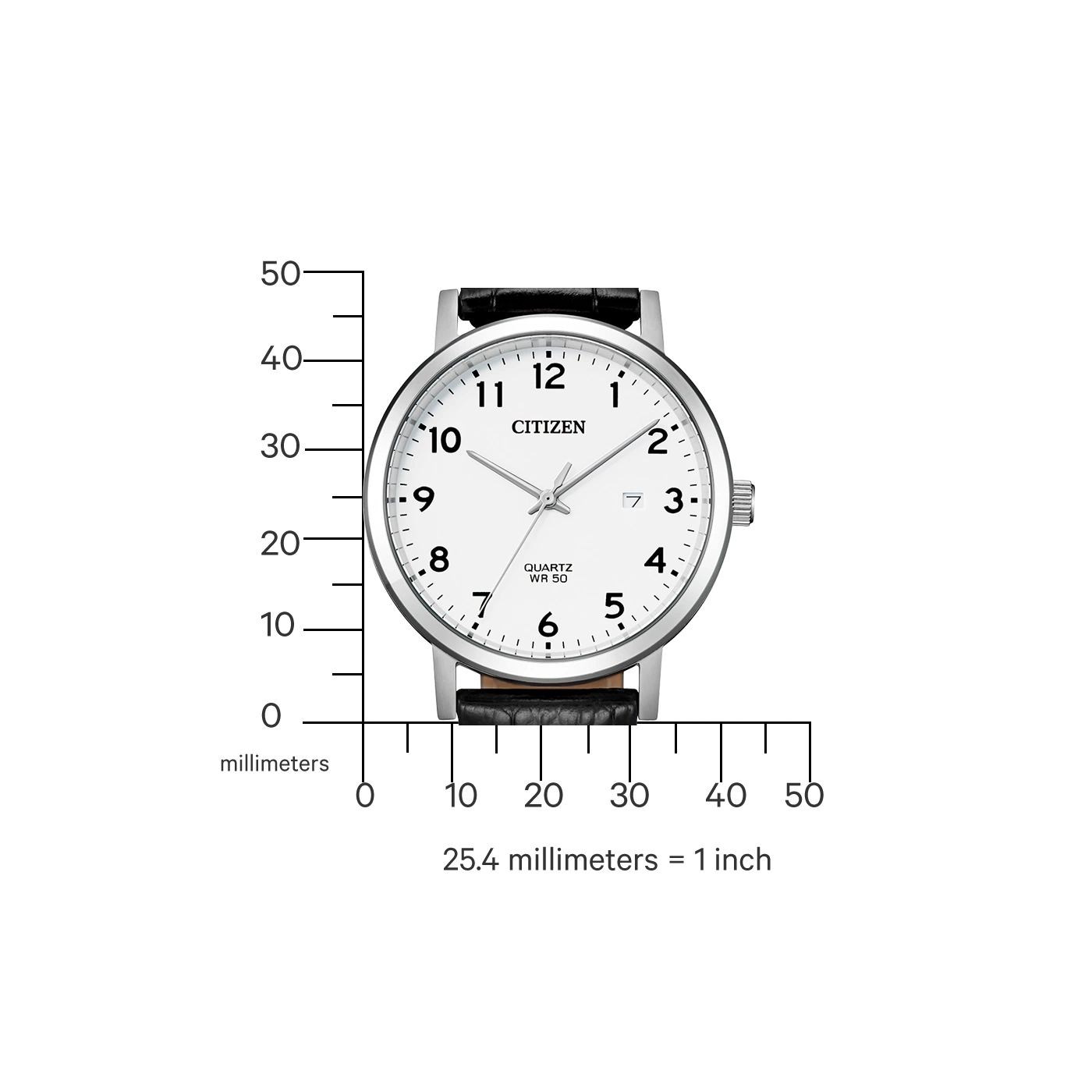 Citizen horloge met witte wijzerplaat, zwarte leren band en meetschaal.