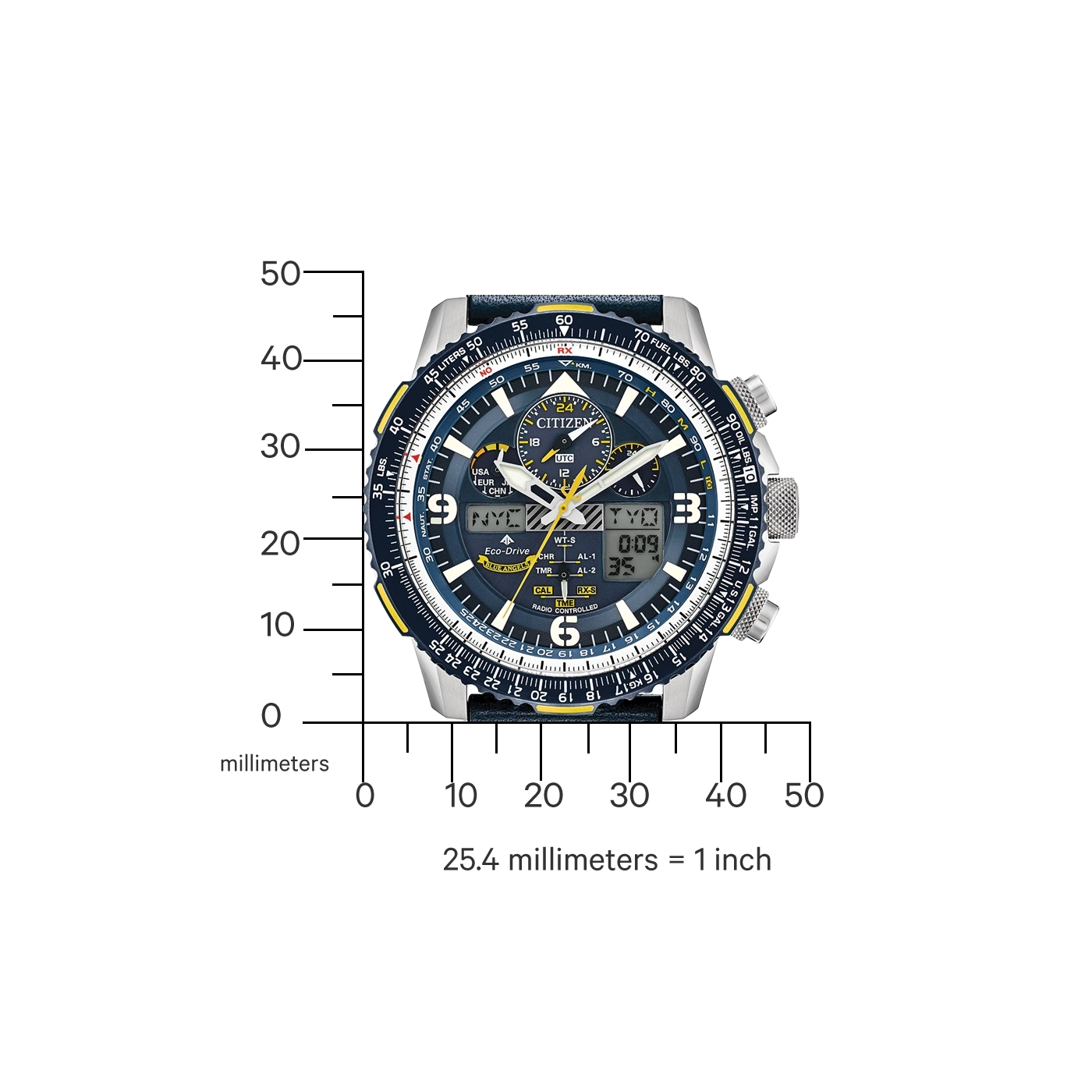 Citizen horloge met blauwe wijzerplaat, gele accenten en meetmarkeringen.