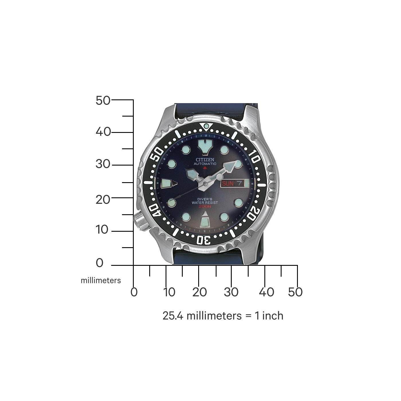 Citizen automatisch horloge met blauwe band, waterdicht 200M, en dagweergave.