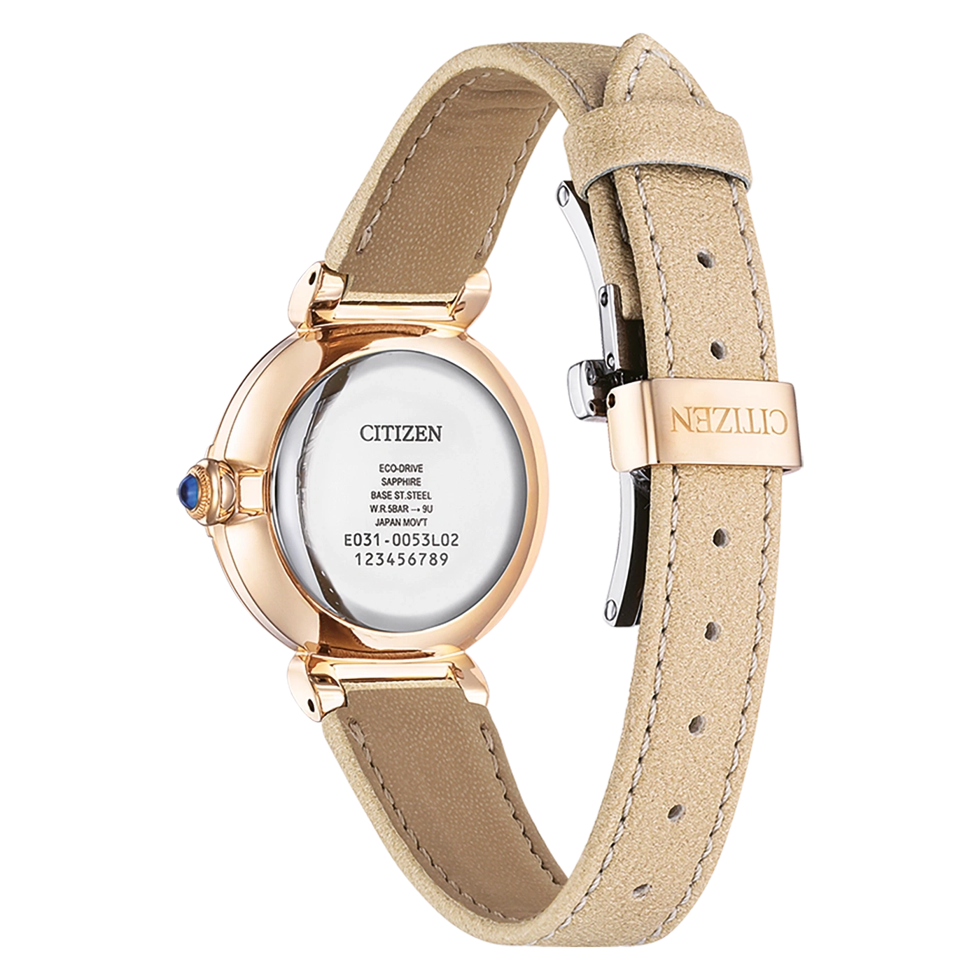 Citizen horlogerug met details: Eco-Drive, Sapphire, Base ST.Steel, Japan Movt.