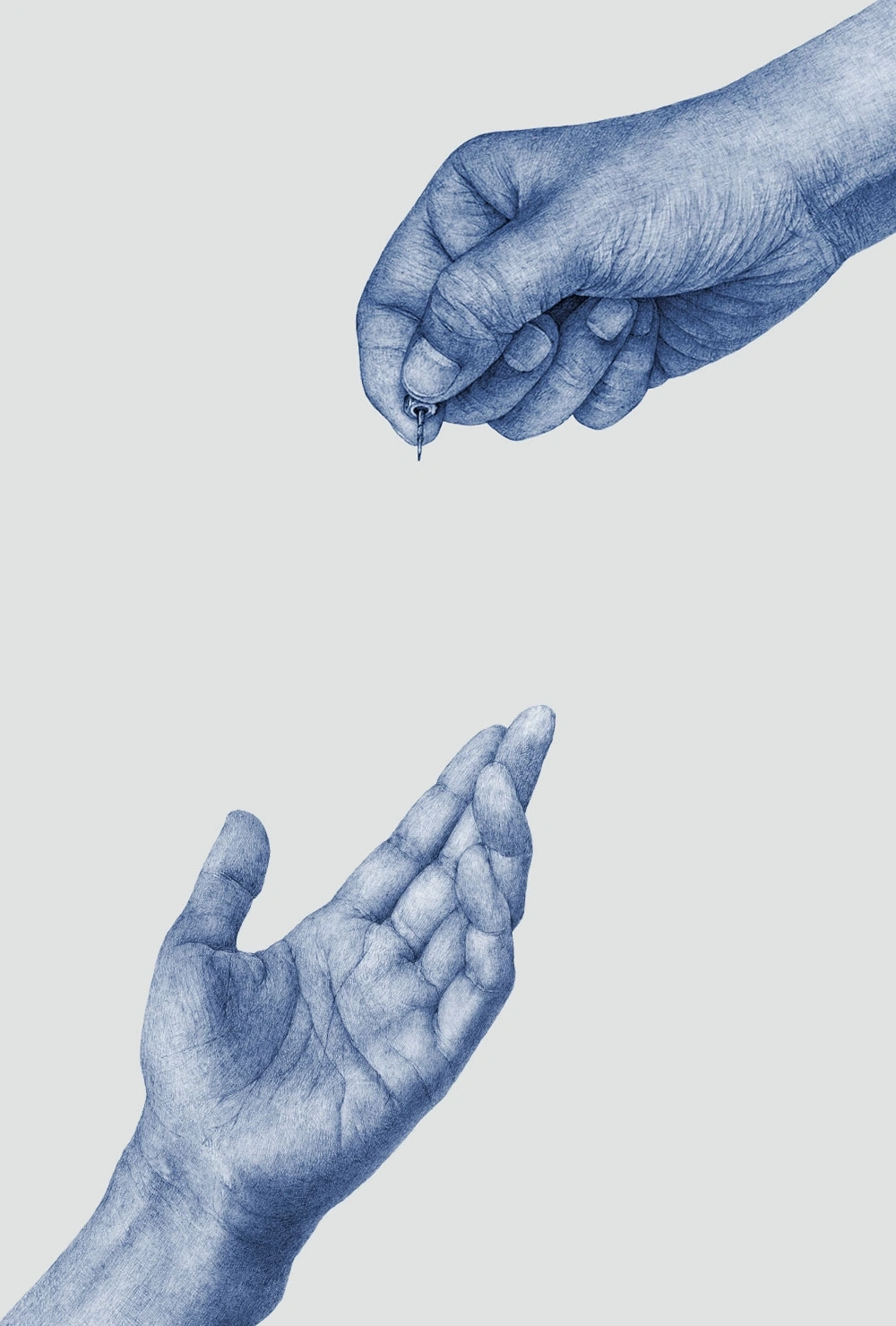Handen die een sleutel doorgeven, een symbool van vertrouwen en uitwisseling, blauwe tekening