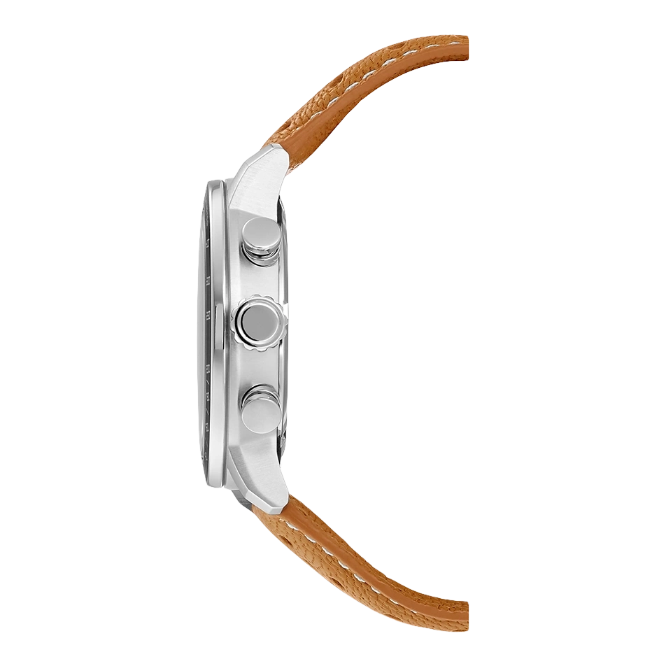 Zijaanzicht van een zilveren horloge met een bruine leren band.