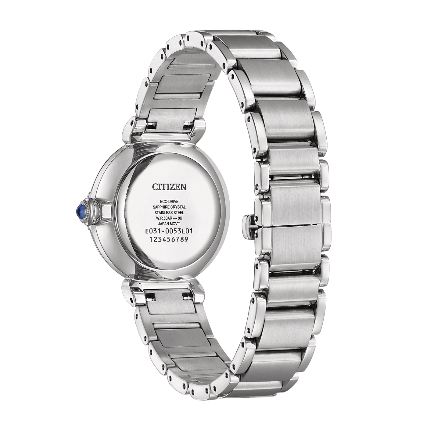 Achterkant van een zilveren Citizen Eco-Drive horloge met een blauwe edelsteen aan de zijkant.