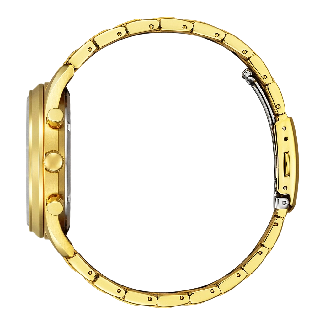 Zijaanzicht van een gouden horloge, met de wijzerplaat en banddetails.