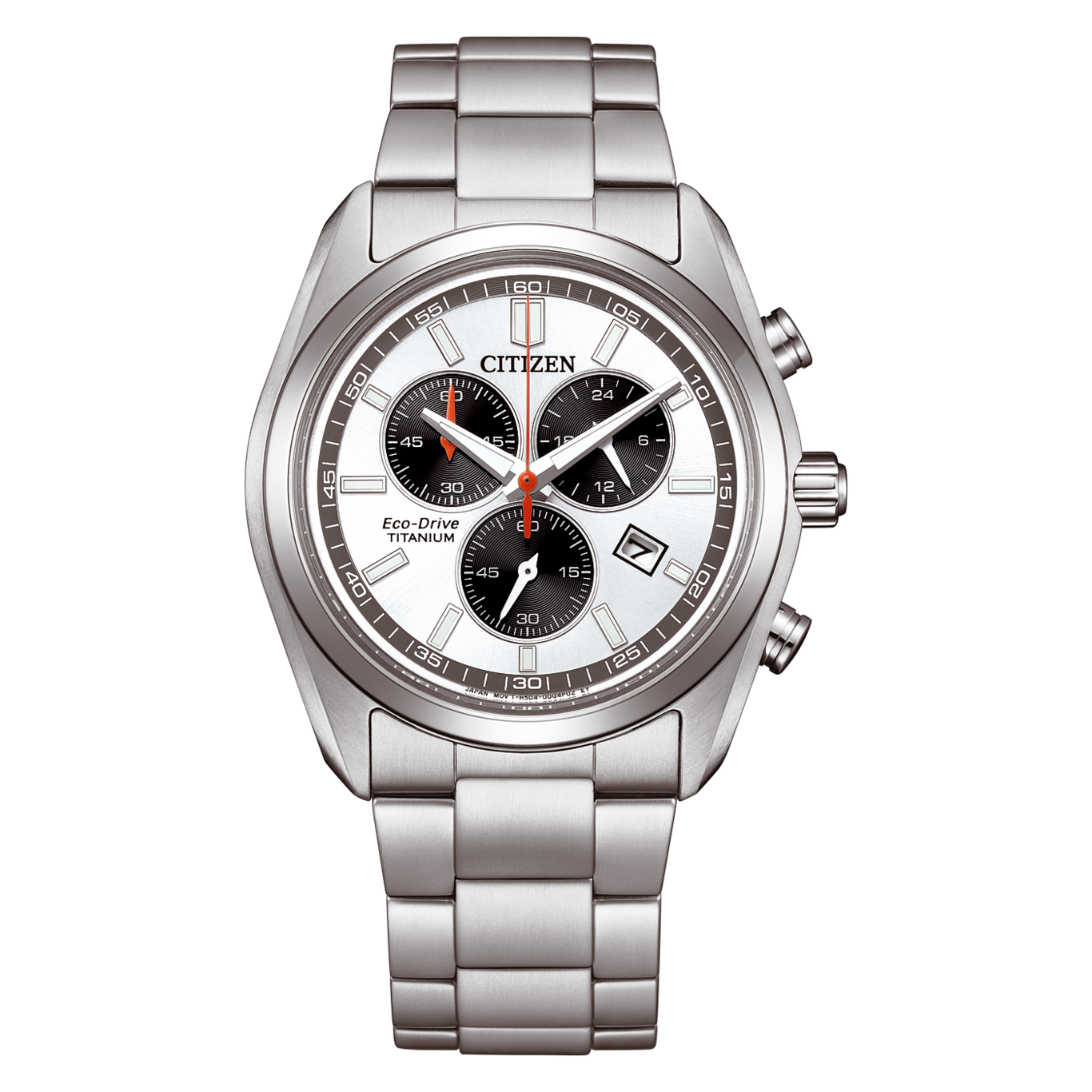 Een zilveren Citizen Eco-Drive Titanium chronograaf horloge op een witte achtergrond.