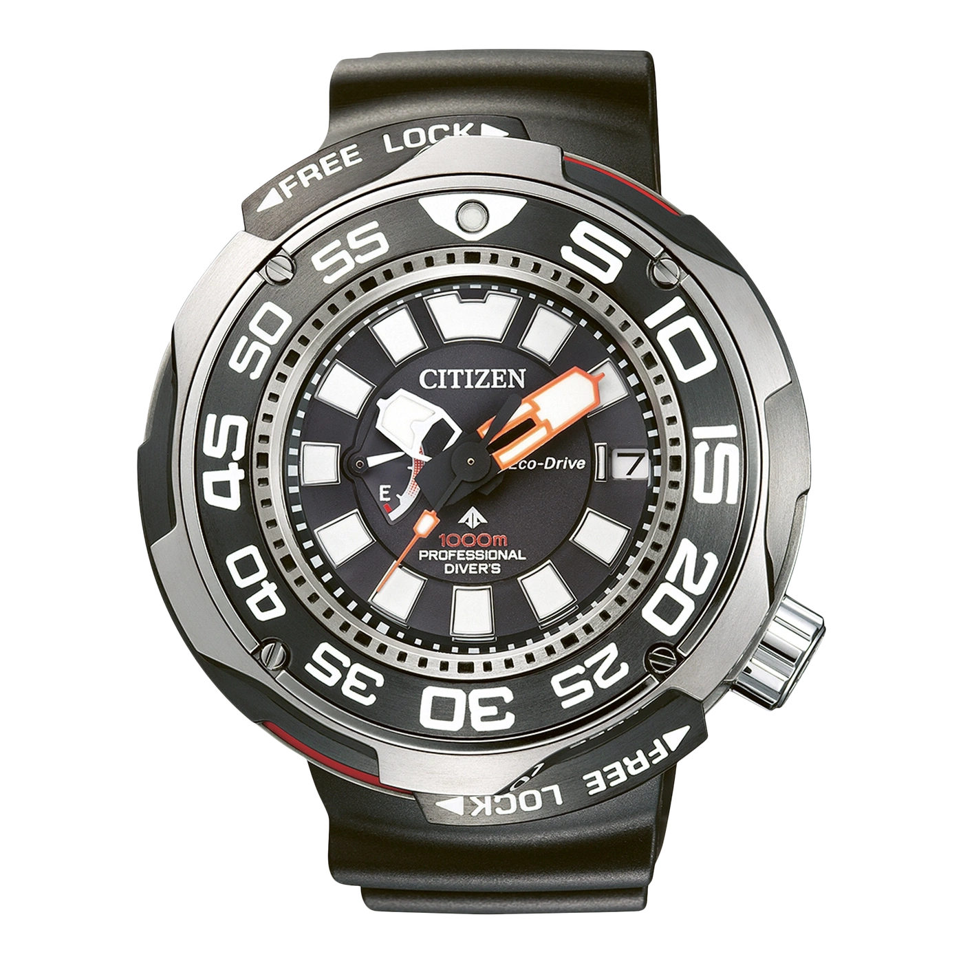 Citizen horloge met zwarte wijzerplaat, zilveren bezel en zwarte band. Professioneel duikershorloge.
