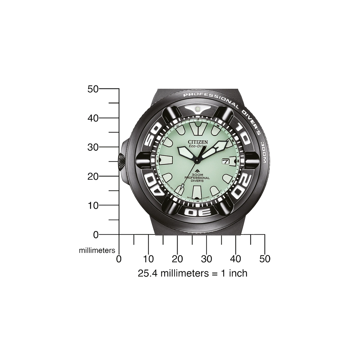 Citizen horloge met schaal, zwart en groen, professionele duiker, 300M, Eco-Drive