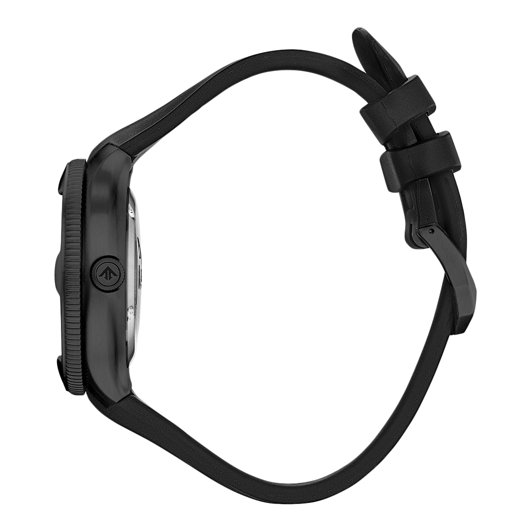 Zwart horloge met zwarte band, zijaanzicht, geïsoleerd op witte achtergrond