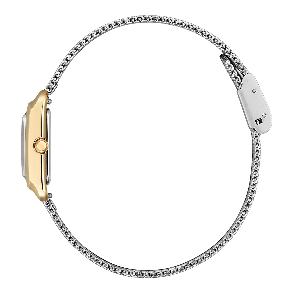 Zijaanzicht van een gouden horloge met een zilveren kettingband, geïsoleerd.