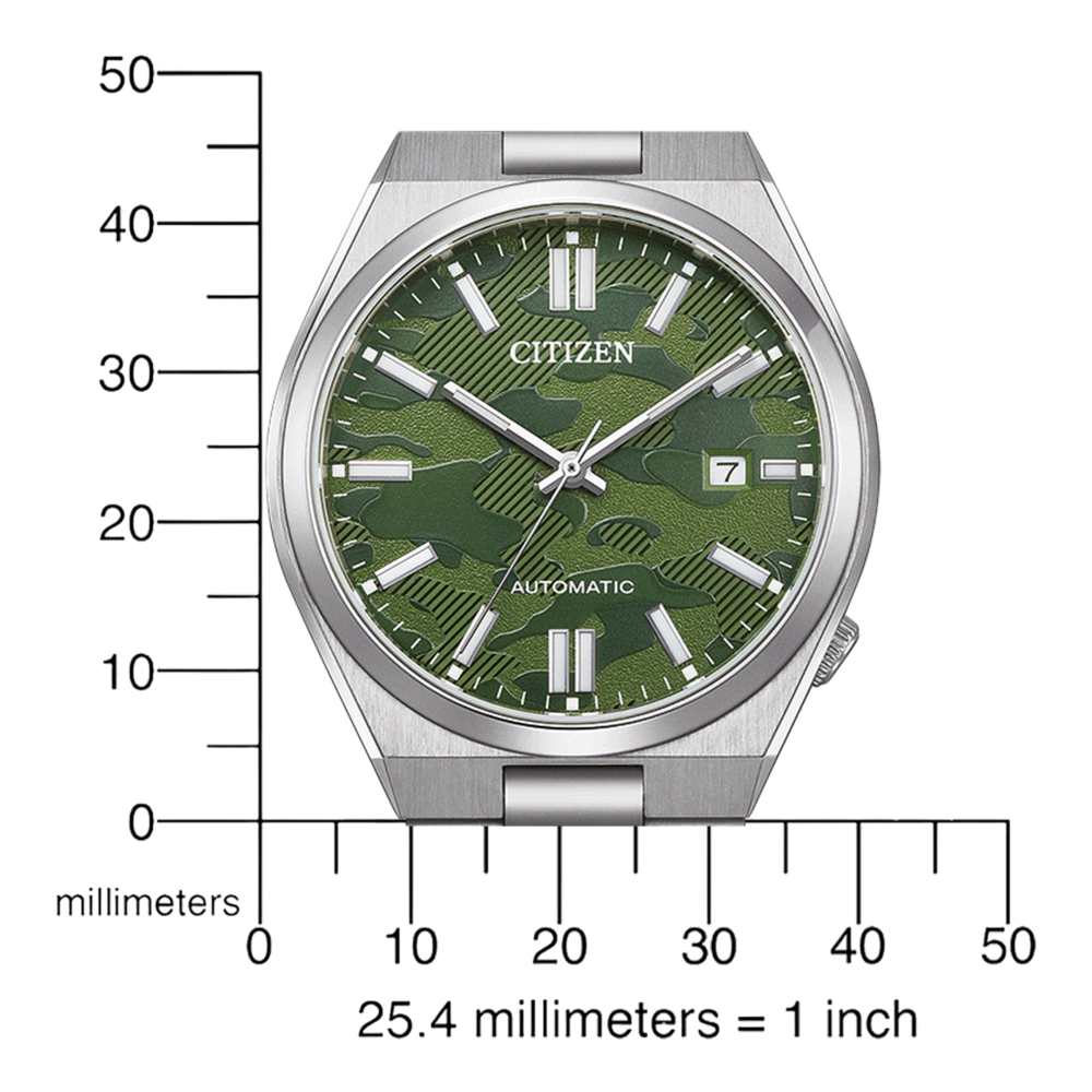 Citizen horloge met groene camouflage wijzerplaat, automatisch uurwerk en datumweergave.