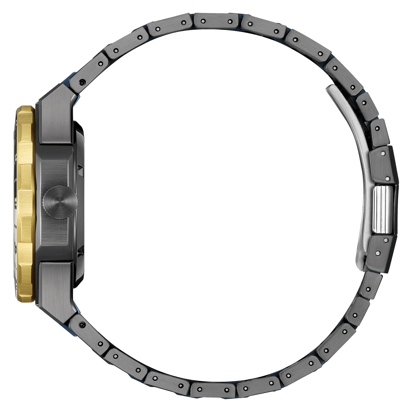 Zijaanzicht van een modern horloge met een metalen band en gouden accenten.