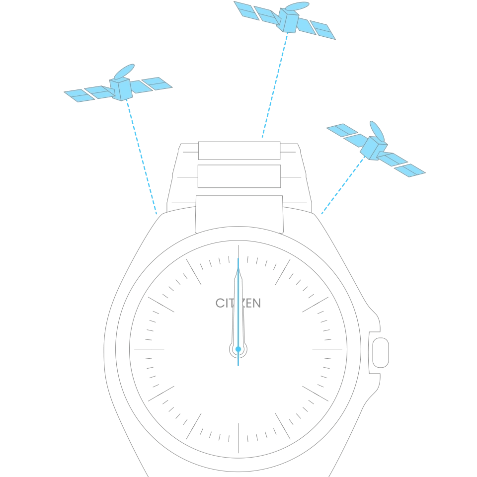 Citizen horloge met satellieten, tijdsynchronisatie, zwarte achtergrond, illustratie