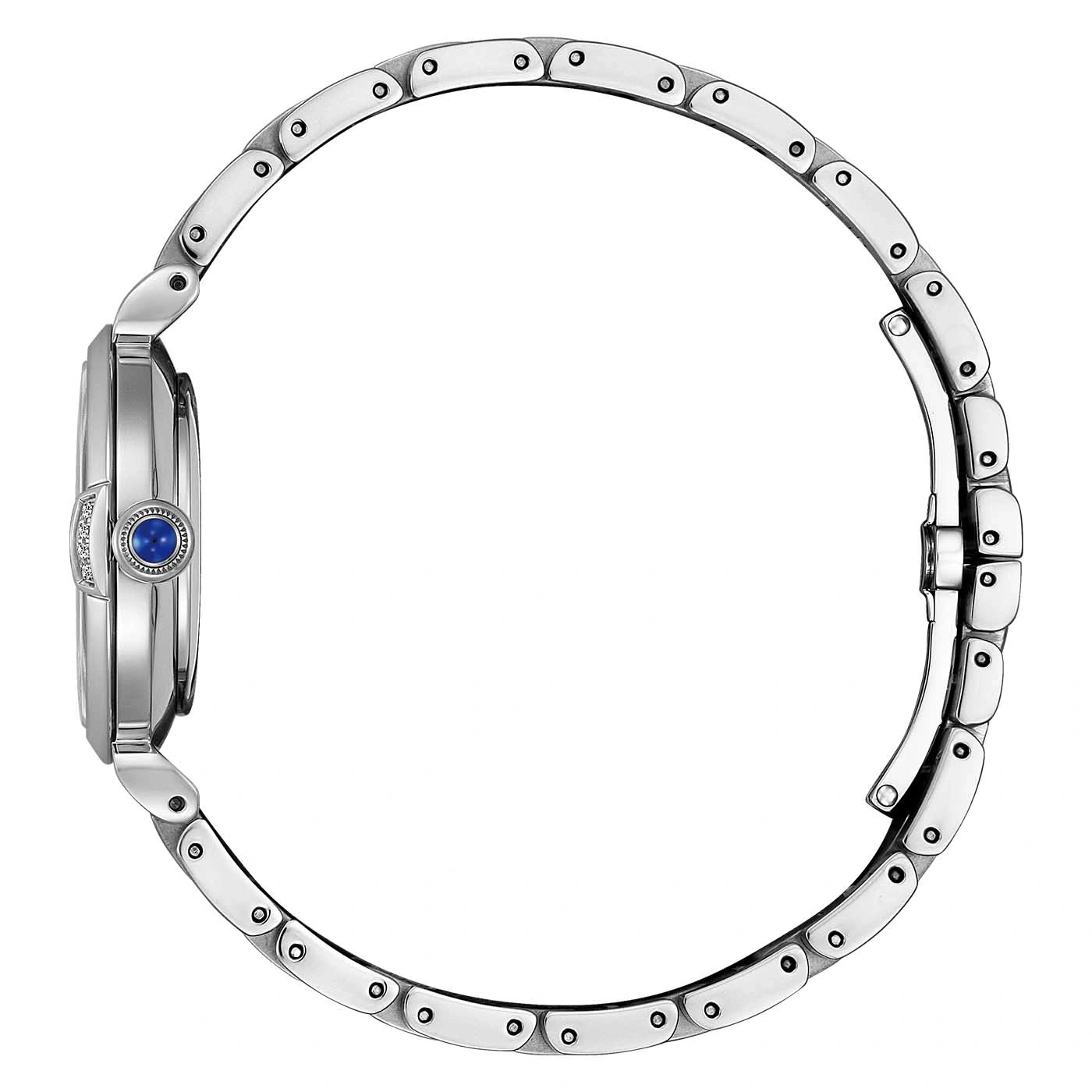 Zilveren horloge met blauwe edelsteen en armband, zijaanzicht, elegant ontwerp