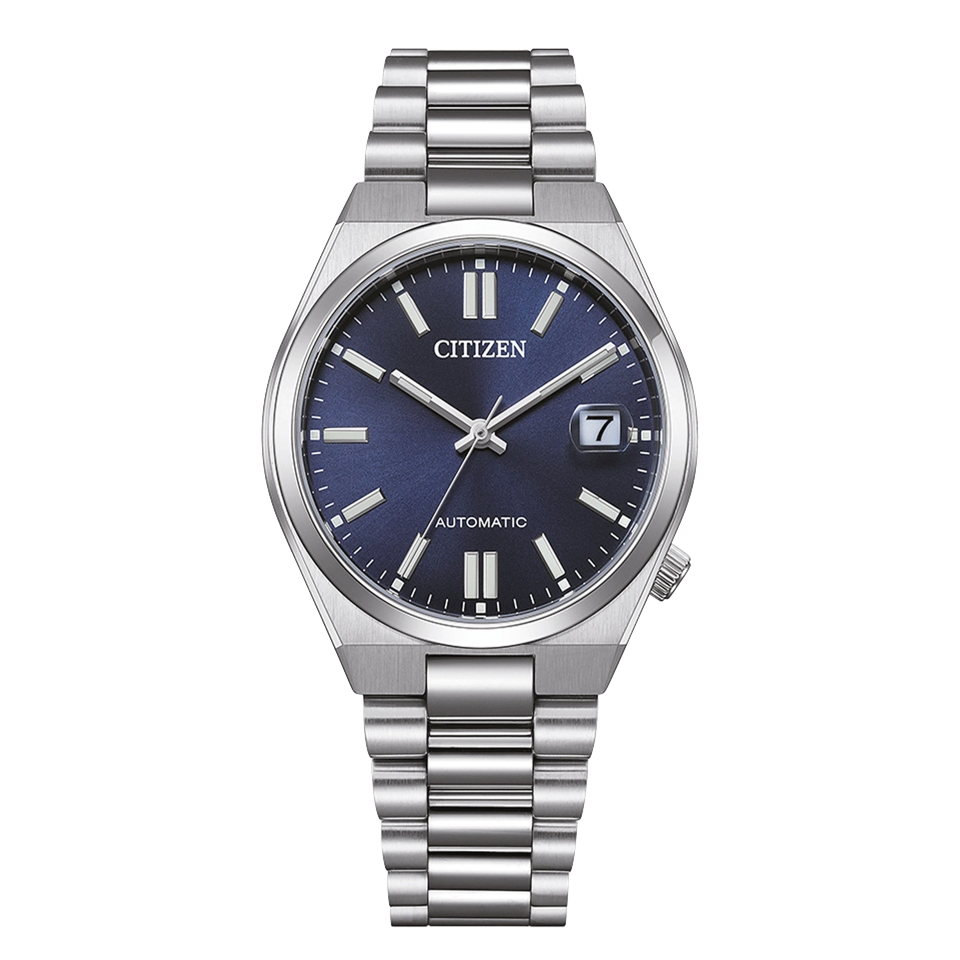 Citizen horloge met blauwe wijzerplaat en zilveren band, automatisch.