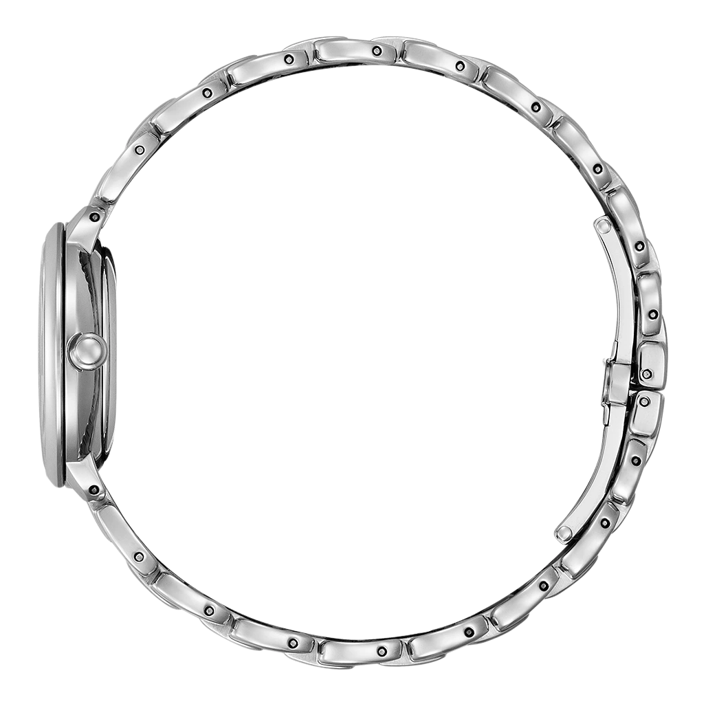 Zilveren horloge met ronde wijzerplaat en metalen band, zijaanzicht.