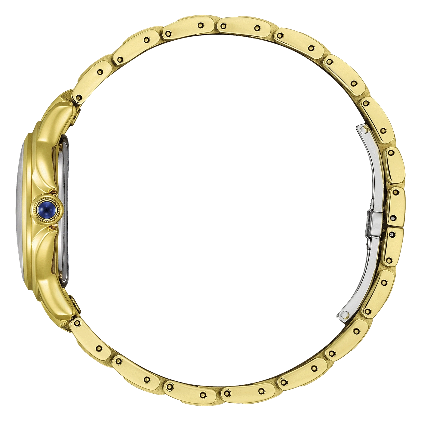 Gouden horloge met blauwe edelsteen en open sluiting op groene achtergrond