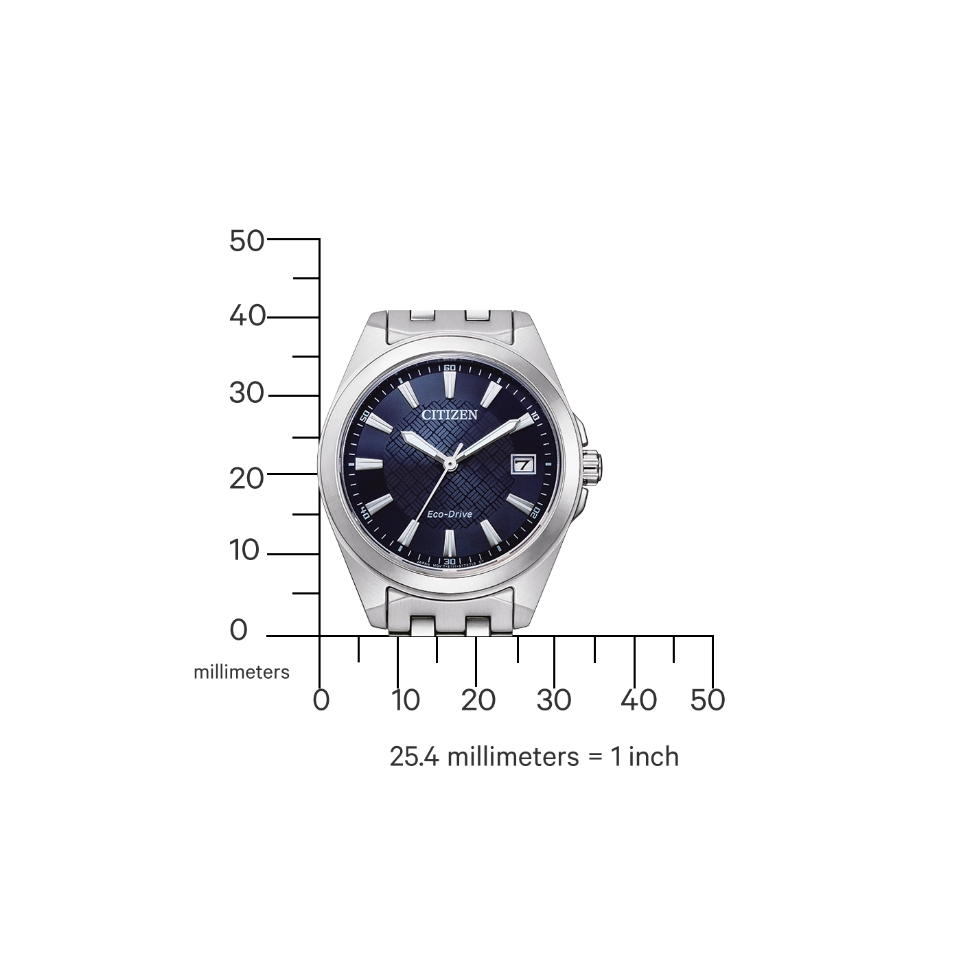 Citizen horloge met blauwe wijzerplaat, zilveren band en Eco-Drive technologie.