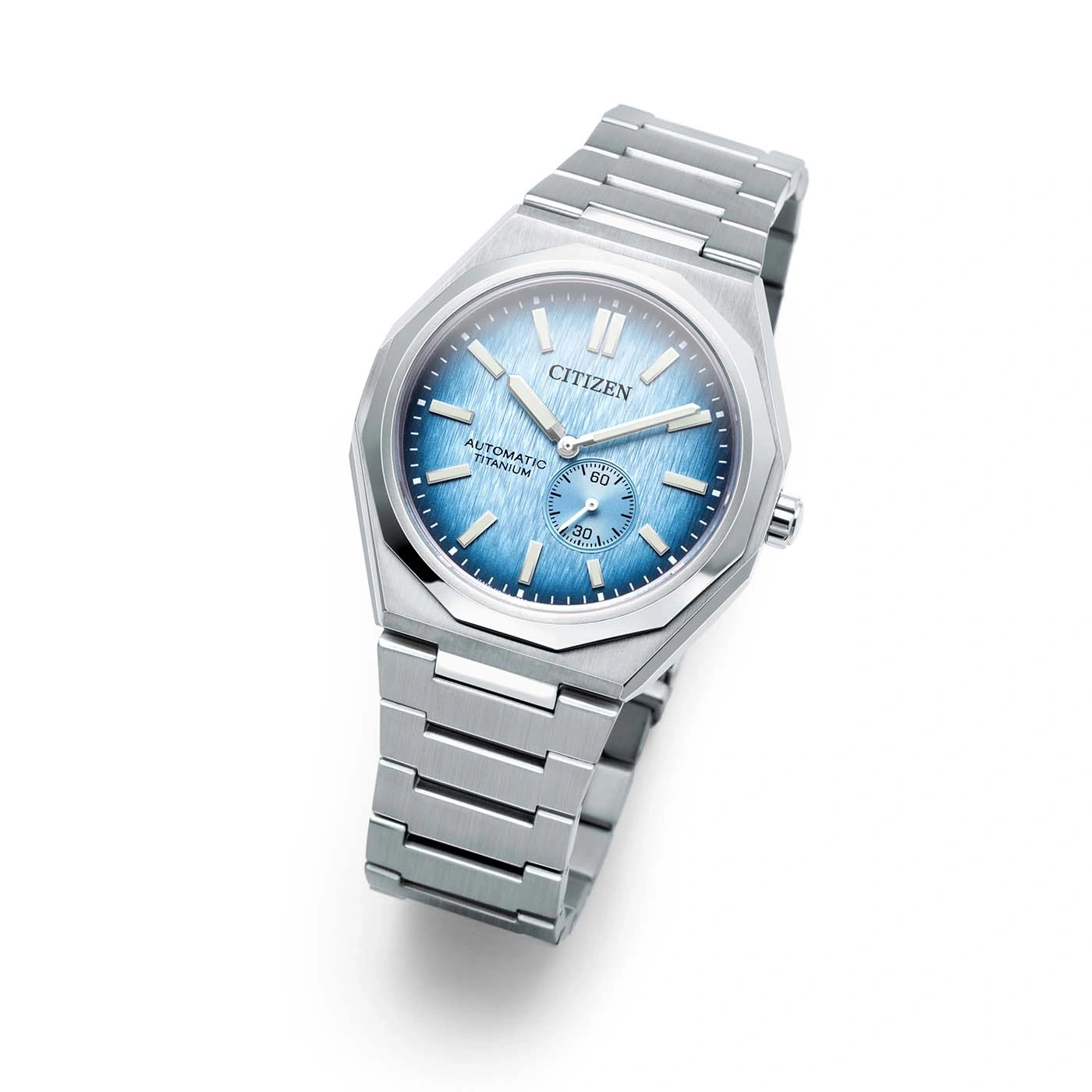 Citizen horloge met blauwe wijzerplaat en titanium band, automatisch uurwerk