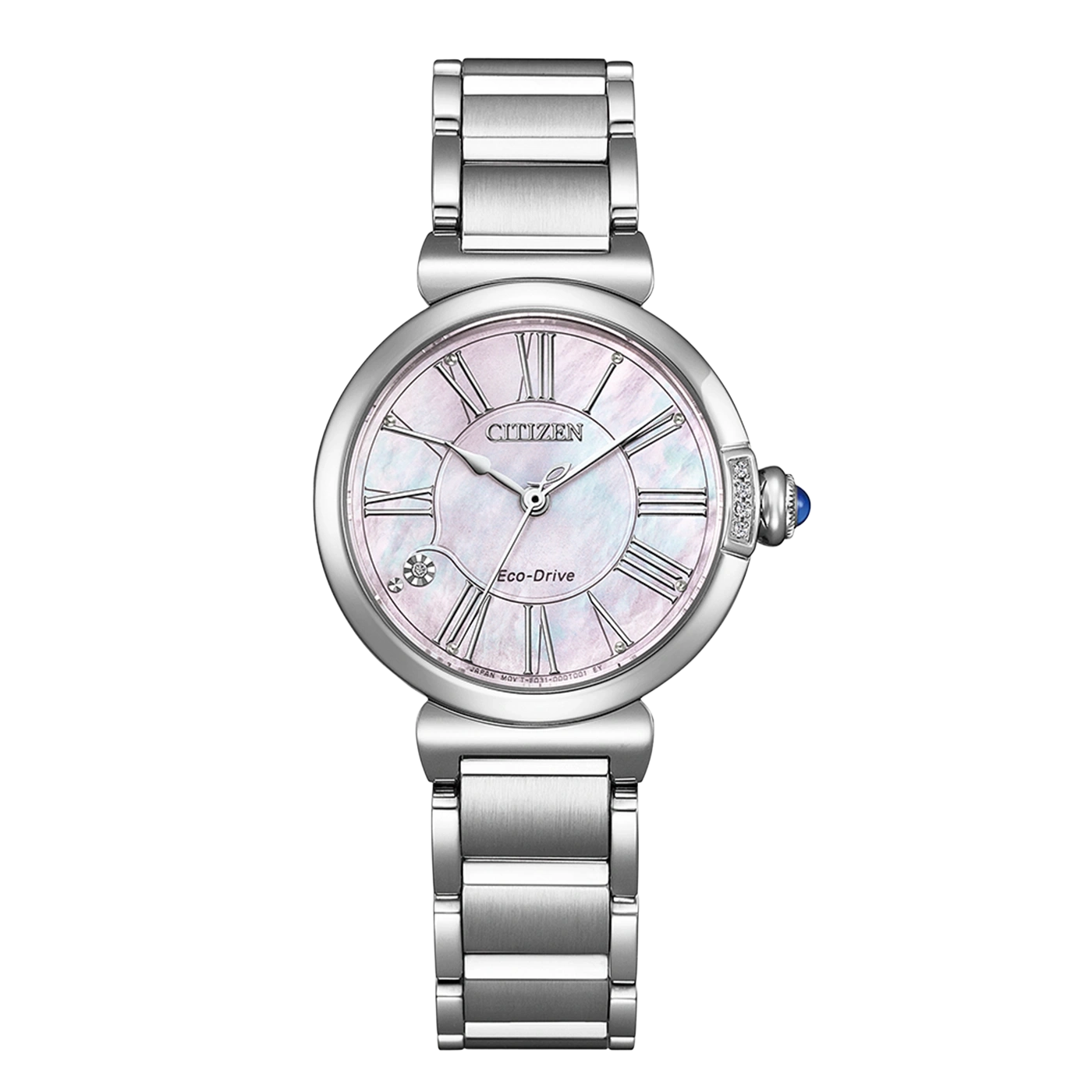 Een zilverkleurig Citizen Eco-Drive horloge met parelmoeren wijzerplaat en Romeinse cijfers.