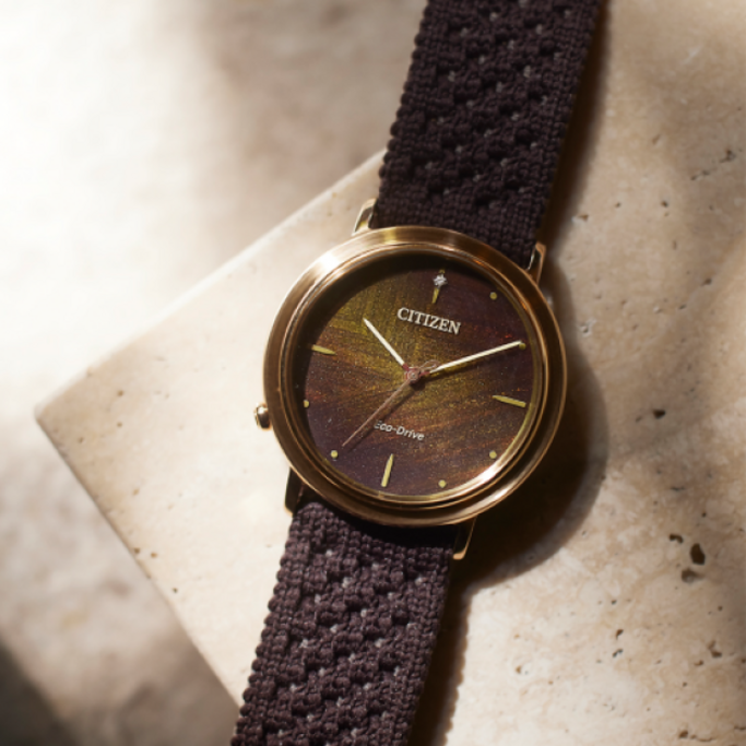 Citizen horloge met bruine band en gouden wijzerplaat, Eco-Drive technologie.