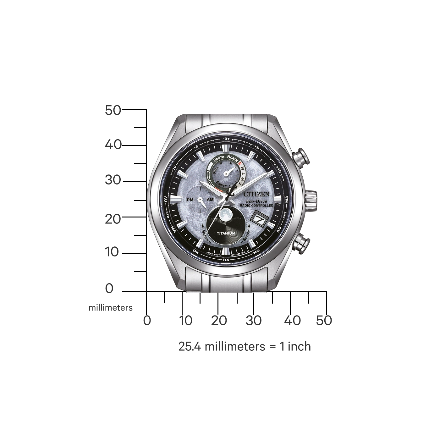 Citizen horloge met titanium, radiogestuurd en Eco-Drive functies.