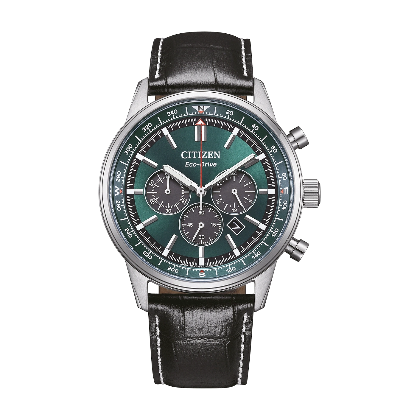 Een groene Citizen Eco-Drive chronograaf horloge met een zwart leren bandje.