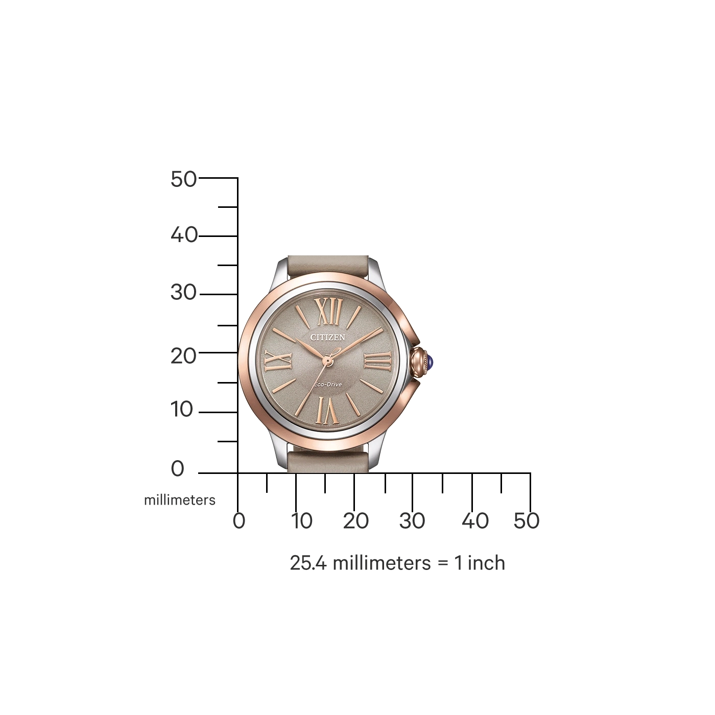 Citizen horloge met een meetschaal, die de grootte in millimeters en inches aangeeft.