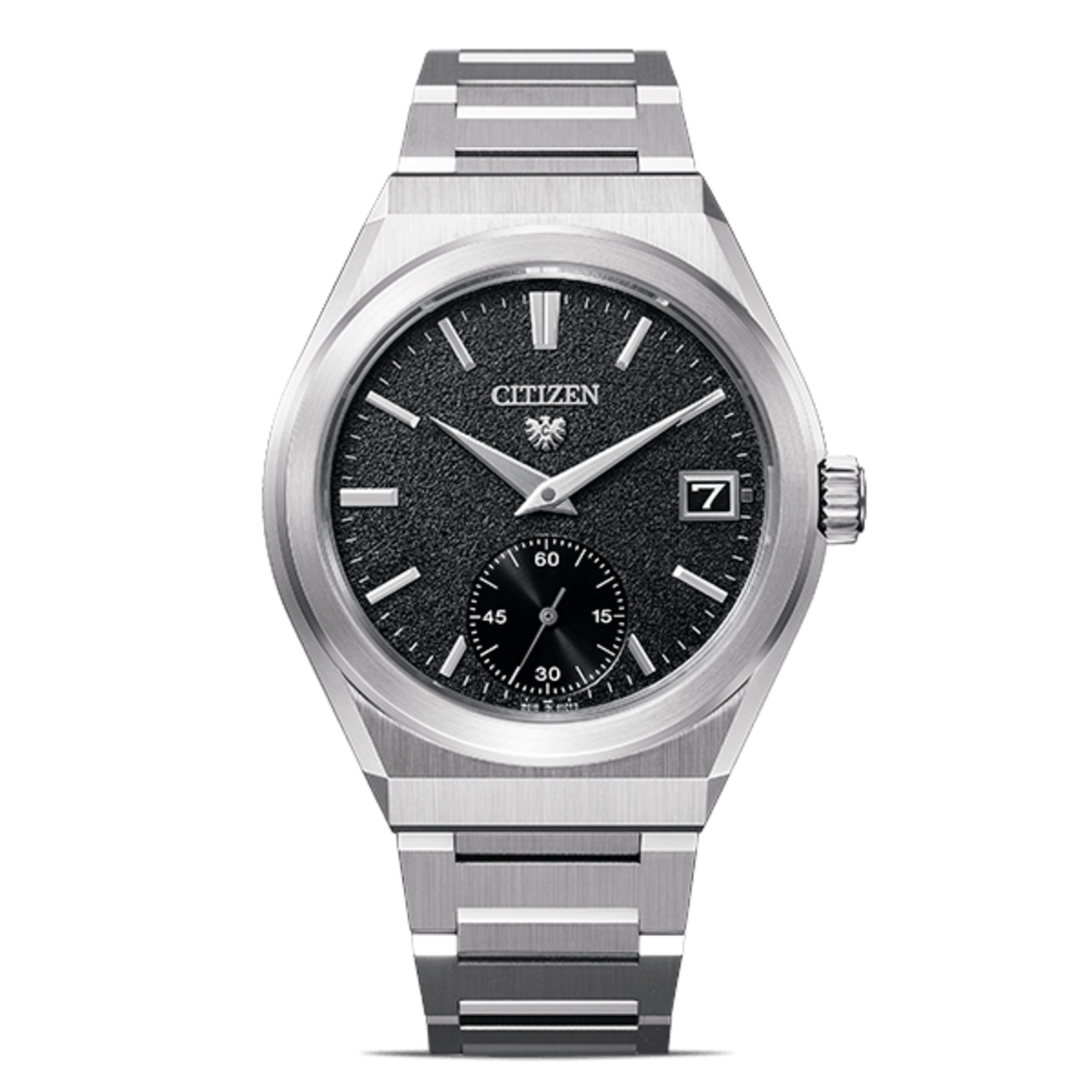 Citizen horloge met zwarte wijzerplaat en zilveren band, elegant design.